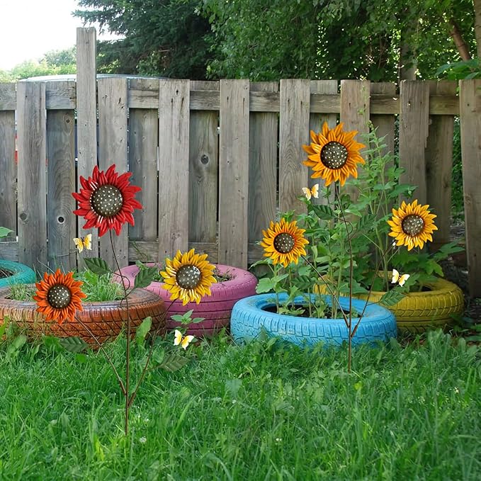 Metal Flowers for Outside, 30-Inch Iron Sunflower Garden Stakes Set of 2, Colorful Metal Yard Art for Outdoor and Garden, Decorative Garden Stakes for Patio & Lawn Decor