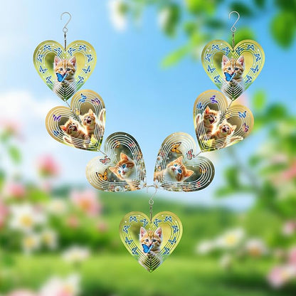 Wind Spinners Outdoor, Bird Repellent，3D Hearts Cat Pattern Hanging, 15 inches, Kinetic, Stainless-Steel Metal, Indoor and Outdoor Decoration for Garden, Patio, Yard, Gift for Women Mom Wife.