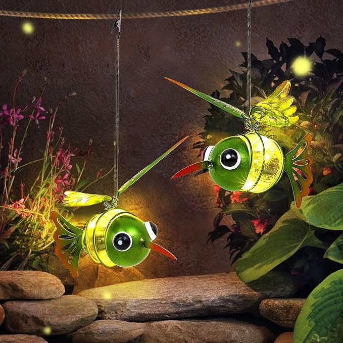 Solar Hanging Hummingbird Lights LED Outdoor Waterproof Powered Garden Decor Light Unique Decorations for Sister Birthday Gardening Gifts for Mom Women Yard Path Backyard Front Porch Balcony