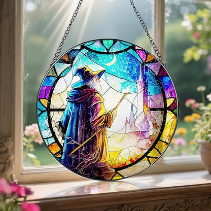 Stained Glass Window Hanging, LAOWEIKI 8'' Witch Suncatcher, Stained Glass Ornament, Suncatchers for Windows Hanging, Window Decor, Outdoor or Indoor, Gifts for Friends