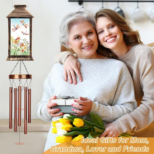 YHmall Wind Chimes for Outside, 37" Windchimes Outdoors Birthday Memorial Dragonfly Gifts for Women Mom Grandma, Hanging Solar Lantern Outdoor for Home Patio Yard Garden Decor