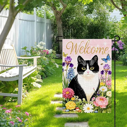IVN Welcome Cat Spring Garden Flag 12x18 Inch Black White Kitty Watercolor Floral Garden Yard Flag Gold Glitter Welcome Butterflies Bees Daisies Iris Pink Flowers Double Sided Burlap Vertical Small House Flag Seasonal Outdoor Decoration for Front Door ...