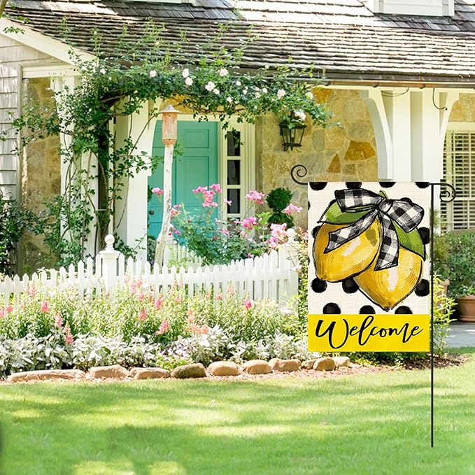 AVOIN colorlife Polka Dot Welcome Lemon Summer Garden Flag 12 x 18 Inch Double Sided Outside Yard Outdoor Decoration
