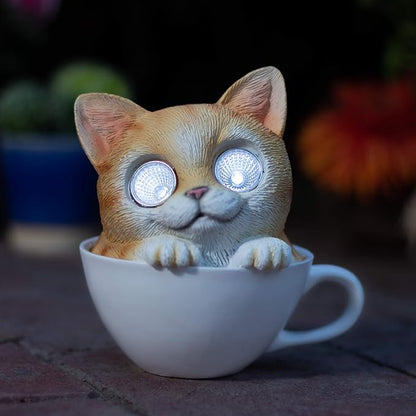 Blazin Cat in Cup Solar Garden Decorations Figurine | Outdoor LED Decor Figure | Light Up Decorative Statue Accents for Yard, Patio, Lawn, or Deck | Great Housewarming Gift Idea (Brown, 1 Pack)