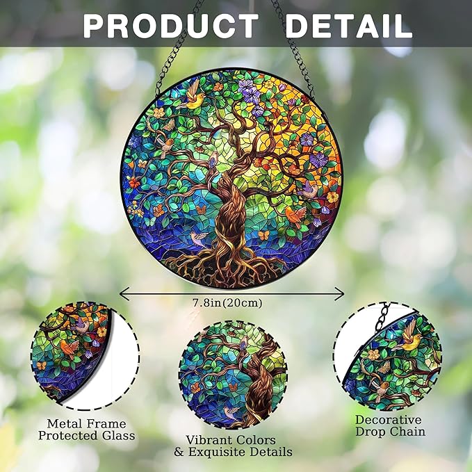 Tree of Life Stained Glass Window Hanging, Tree of Life Decor Suncatchers Sun Catchers Indoor Window Glass Wall Art Decorations, Nature Bird Flower Trees Wall Hanging Decor, 7.9x7.9in,Patio