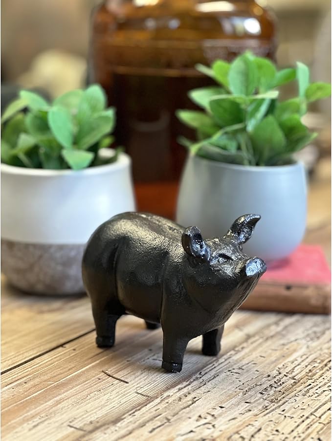 NACH Cast Iron Pig Statue, Standing Black Door Stopper, Rustic Paperweight