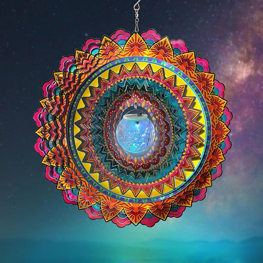 FONMY Solar Wind Spinner Mandala Flame 3D Stainless Steel Hanging Wind Spinners Worth Gift Christmas Decoration Indoor/Outdoor Garden Décor Kinetic Yard Art 12 Inches Multi Red Wind Sculpture