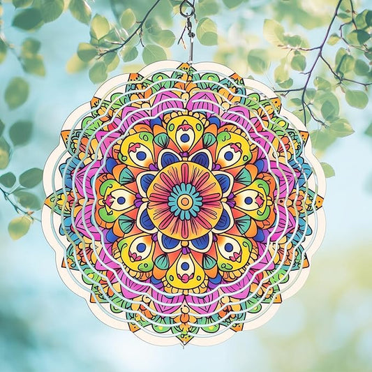 Wind Spinners Outdoor, Hanging Wind Spinner for Garden Decoration, 8 inch 3D Stainless Steel Metal Wind Sculpture for Indoor/Outdoor Decor, Mandala F