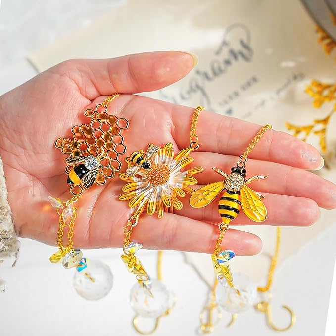 H&D HYALINE & DORA 3 Pack Sun Catcher Crystal Honeycomb Bee Ornaments Crystals Bumblebee Honeycomb with Glass Prisms Decor Garden Suncatcher Window Hanging Gifts for Women,Bee Lovers