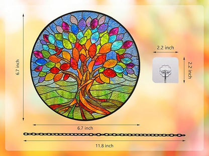 Stained Glass Window Hangings, Tree of Life with Hummingbird Suncatchers for Window, Treasured Gift for Mom, Grandma, Family and Friends (Colorful, 6.7x6.7 in)