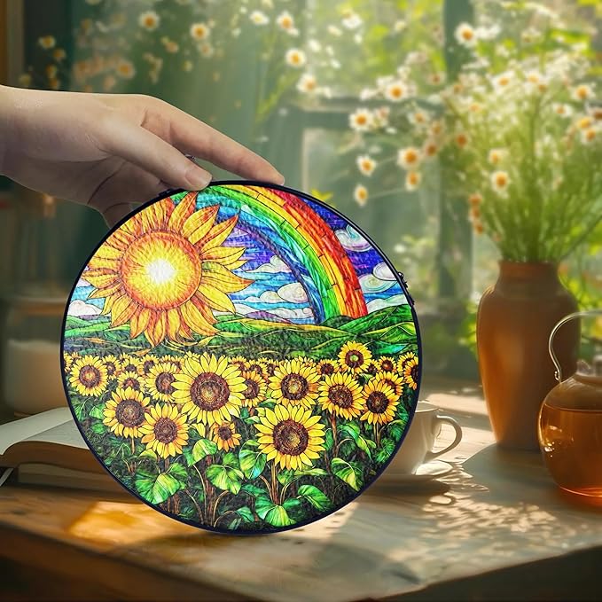 Sunflower Stained Glass Suncatcher Window Hanging Decor, Christmas, Mother's Day, Birthday Sunflower Gifts for Women Adults, Friends Sisters Teachers, Home Decorations for Window Kitchen Garden Patio