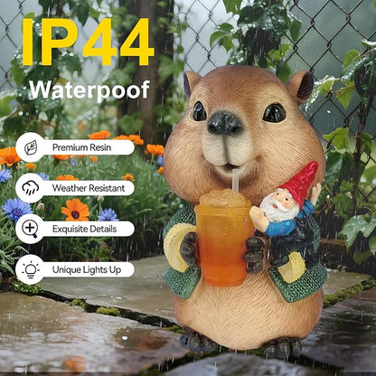 Solar Capybara Garden Gnome Statue,Outdoor Chipmunk Decor with Glowing Cup,Gnomes Figurine for Patio Yard Lawn,Christmas Housewarming Gifts for Mom,Women,Grandma