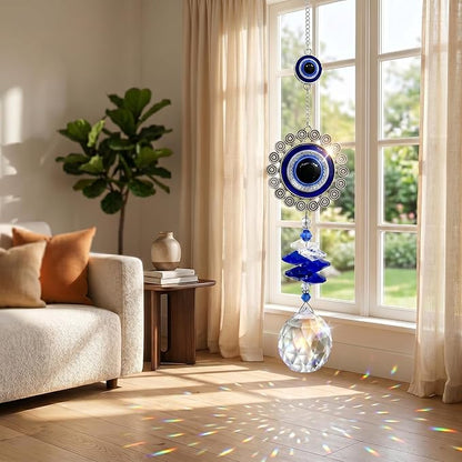 Crystal Suncatcher for Windows - Hanging Prism Sun Catchers with Crystal Balls&Blue Eye, Rainbow Maker for Home、 Garden、Car Decor (Round Eyes)