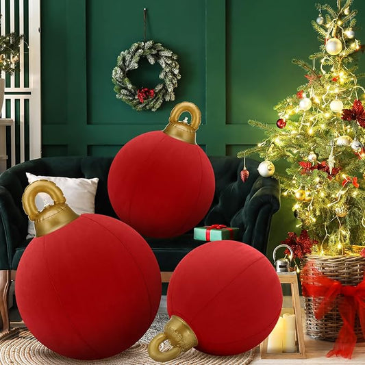 Jenaai 3 Pcs Giant Velvet Christmas Inflatable Ball Ornament Large PVC Christmas Inflatable Balls 3 Size 24" 20" 18" Xmas Hanging Ornaments Outdoor Decor for Lawn Porch Yard(Red)