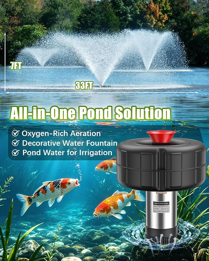 Pond Fountain Pump for Outdoor Pond – 1HP 750W 15000 GPH Submersible, 360° Circulation & Oxygenation, Dual Spray, Garden, Backyard, Fish Pond, Irrigation