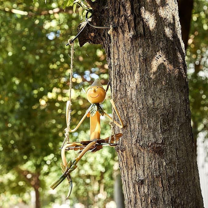 Christmas Elf on Swing Metal Sculpture – Garden & indoor Festive Elf Yard Art for Indoor & Outdoor Décor, Holiday Hanging Lawn Ornament for Mantel, Patio, Charming Christmas Elf Gift Statue Decoration