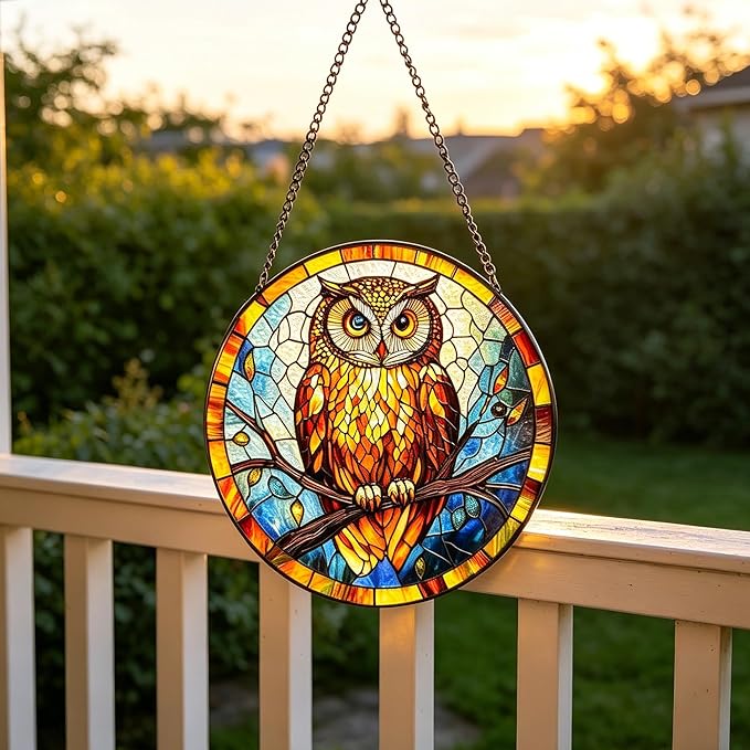Owl Stained Glass Suncatcher,7.8-in Colorful Bird Window Hanging Ornament for Indoor & Outdoor Decor, Gift for Bird Lovers, Women, Mom, Grandma, Living Room, Garden, Porch, Housewarming