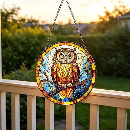 Owl Stained Glass Suncatcher,7.8-in Colorful Bird Window Hanging Ornament for Indoor & Outdoor Decor, Gift for Bird Lovers, Women, Mom, Grandma, Living Room, Garden, Porch, Housewarming