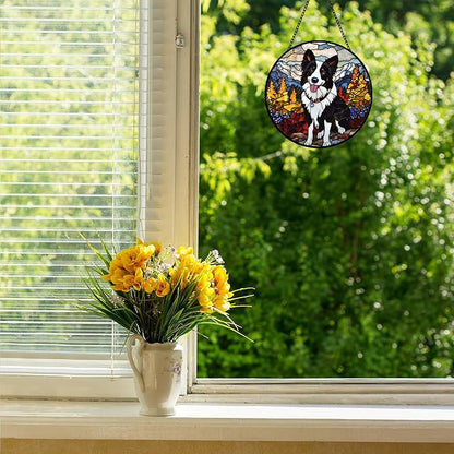 Stained Glass Suncatcher Border Collie in Mountain Meadow Handmade Window Hangings Colored Glass Suncatcher Crafts Kits for Indoor Garden Christmas Home Decor Gift for Pet Lover Memorial 6.3in