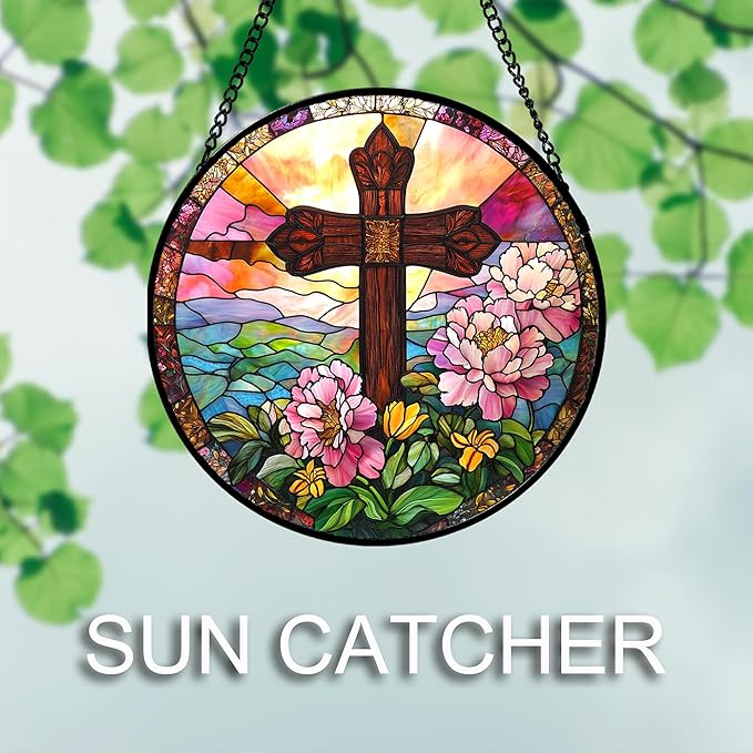 Christian Gifts for Women - Cross Stained Glass Window Hanging Jesus Easter Pink Flower Peony Sun Catcher Garden Religion Decor Mother's Day Catholic Gift for Men Grandma Mom Her Nana 6.3"