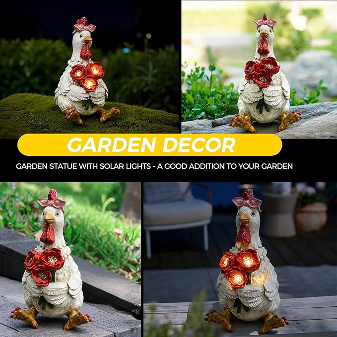 Solar Chicken Garden Decor with LED Light (5" W x 5.5" L x 8.5" H) – Cute Outdoor Hen Statue for Yard Patio Lawn, Chicken Outdoor Decor, Solar Yard Decoration, Housewarming Gifts