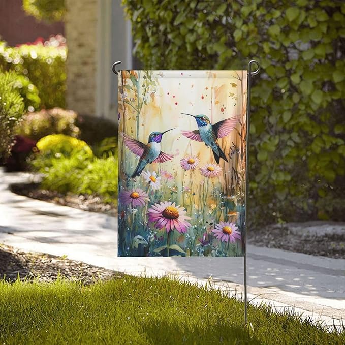 Hummingbirds and Flowers Garden Flags 12×18 Inch Spring Summer Double Sided Decorative Yard Banner Seasonal Flag for Outdoor Outside Decor
