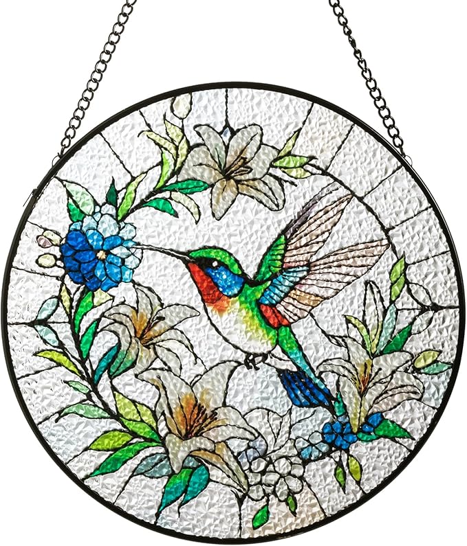 Sun Catcher Stained Glass Window Hanging 8 inch Birds & Flowers Suncatcher Wall Art Home Decor Sun Catchers Decoration for Garden Home Housewarming Gifts