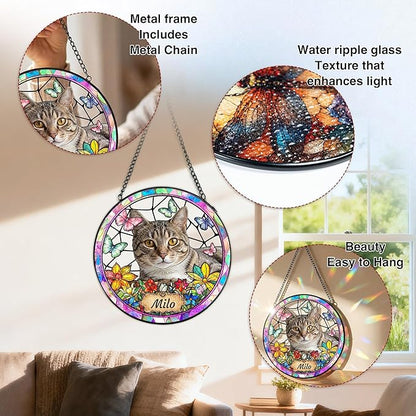 Personalized Pet Stained Glass Suncatcher, Dog Cat Memorial Window Hanging, Sympathy Bereavement Potrait Photo Gift for Loss of Pet, Remembrance Gift for Cat Dog Lovers