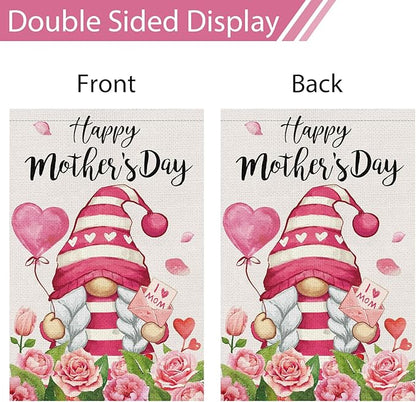 Heyfibro Happy Mother's Day Gnome Garden Flag 12x18 Double Sided Burlap, I Love Mom Flower Rose Love Heart Yard Banner for Spring Outside Outdoor House Mothers Day Decoration (ONLY FLAG)