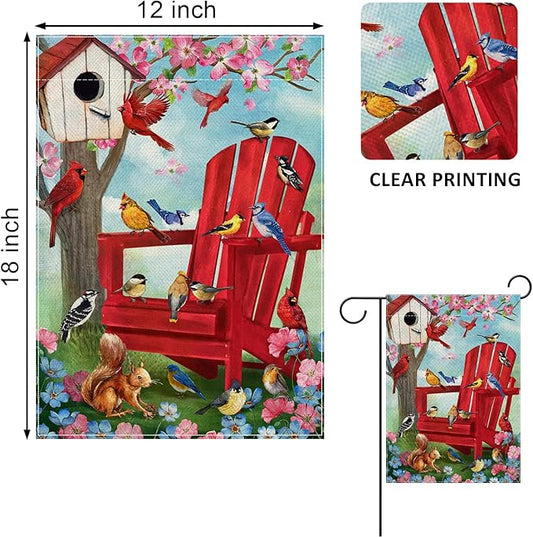 Spring Red Chair Birds Decorative Garden Flag, Cardinal Blue Jay Chickadee Squirrel Birdhouse Flowers Yard Outside Decorations, Summer Farmhouse Outdoor Small Home Decor Double Sided 12 x 18