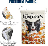 Border Collie Fall Garden Flag Autumn Dog Yard Sign Orange Floral Thanksgiving Outdoor Banners for Outside 12x18 Double Sided Small Wild Flower Lawn Decorations