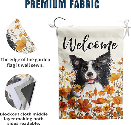 Border Collie Fall Garden Flag Autumn Dog Yard Sign Orange Floral Thanksgiving Outdoor Banners for Outside 12x18 Double Sided Small Wild Flower Lawn Decorations