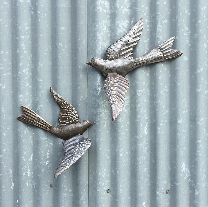Set of 2 Garden Birds, Spring Home Accent Decor, 3D Wings, Metal Wall Hanging, Indoor Outdoor Display, Handmade 11 x 13 Inches