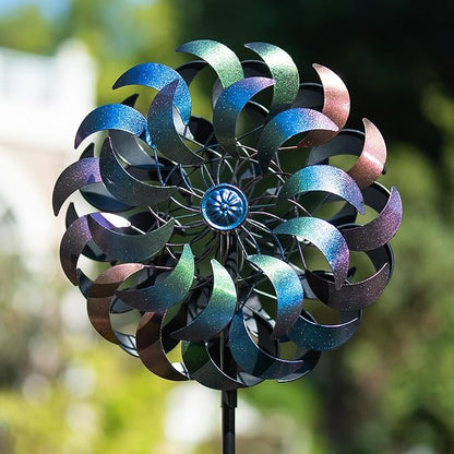 Wind Spinners Outdoor,64.2Inch 360°Rotating Crescent Windmill for Yard, Garden Wind Spinner with Blue Green Purple Gradient Blades, Weatherproof Metal Garden Decor