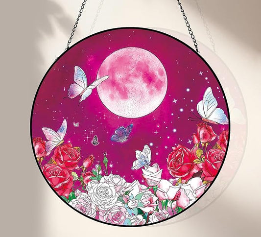 Stained Glass Window Hanging, Moon Rose Sun Catcher Stained Glass Panel for Indoor Windows Wall Art Decor, Romantic Gift for Mom Women Wife Lovers (7.87 Inch)