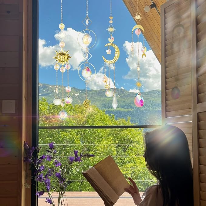 4PK Crystal Suncatcher for Windows Hanging Decor, Prism Sun Catcher with Chain and Hook, Rainbow Maker for Ceiling Garden Home Indoor Ornaments