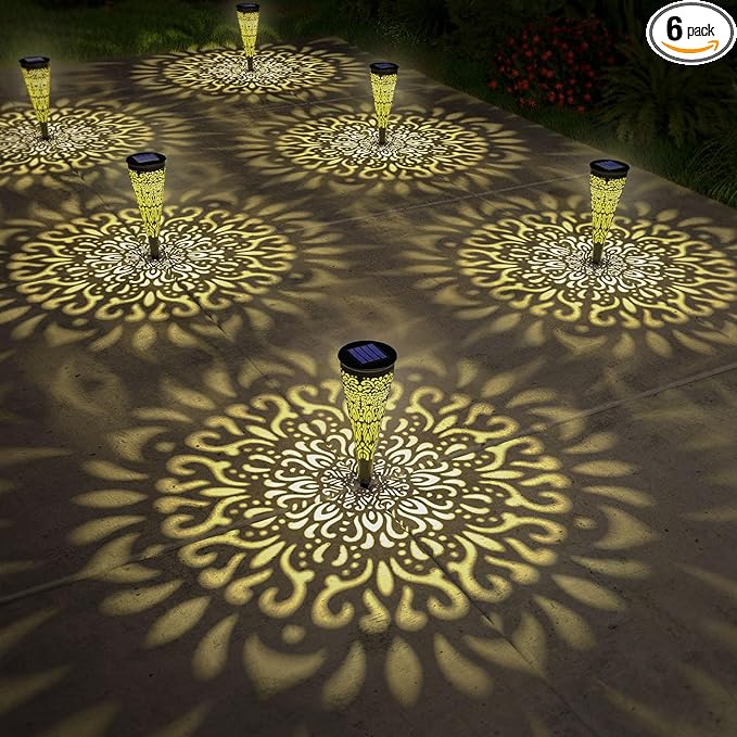 gardencave 6 Pack Solar Lights Outdoor Garden Decorative Mandala Solar Pathway Lights Waterproof Plastic Outside Solar Path Landscape Lights Gardening Gifts for Women Mom Backyard Walkway Yard Decor