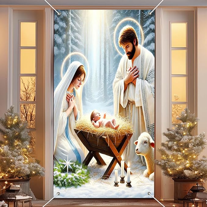 IVN Christmas Door Cover Decoration 71 x 35 in Holiday Banner Holy Night Nativity Scene in Snowy Forest Photo Backdrop Indoor Outdoor for Front Door Party Decorations