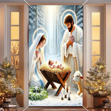 IVN Christmas Door Cover Decoration 71 x 35 in Holiday Banner Holy Night Nativity Scene in Snowy Forest Photo Backdrop Indoor Outdoor for Front Door Party Decorations
