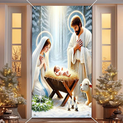 IVN Christmas Door Cover Decoration 71 x 35 in Holiday Banner Holy Night Nativity Scene in Snowy Forest Photo Backdrop Indoor Outdoor for Front Door Party Decorations