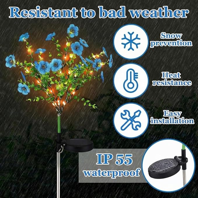 Glooglitter 2 Pack Solar Stake Lights Outdoor Decor Waterproof Mums Artificial Flowers Solar Lights for Outdoor Garden Yard Pathway Decor (Blue,Violet)