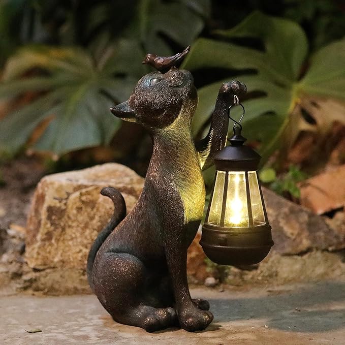 IVCOOLE Outdoor Cat Statues Solar Garden Decor : Cat Figurine with Bird Decor,Unique Garden Art for Porch Patio Balcony Yard Lawn Ornaments - Birthday Housewarming Gifts for Grandma Mom Women