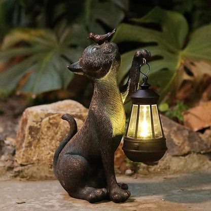 IVCOOLE Outdoor Cat Statues Solar Garden Decor : Cat Figurine with Bird Decor,Unique Garden Art for Porch Patio Balcony Yard Lawn Ornaments - Birthday Housewarming Gifts for Grandma Mom Women