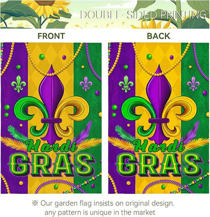 Mardi Gras Garden Flag 12x18 Inch Double Sided Fleur de Lis Yard Flags for Outside Decoration Carnival Beads New Orleans Small Flags for Garden Outdoor