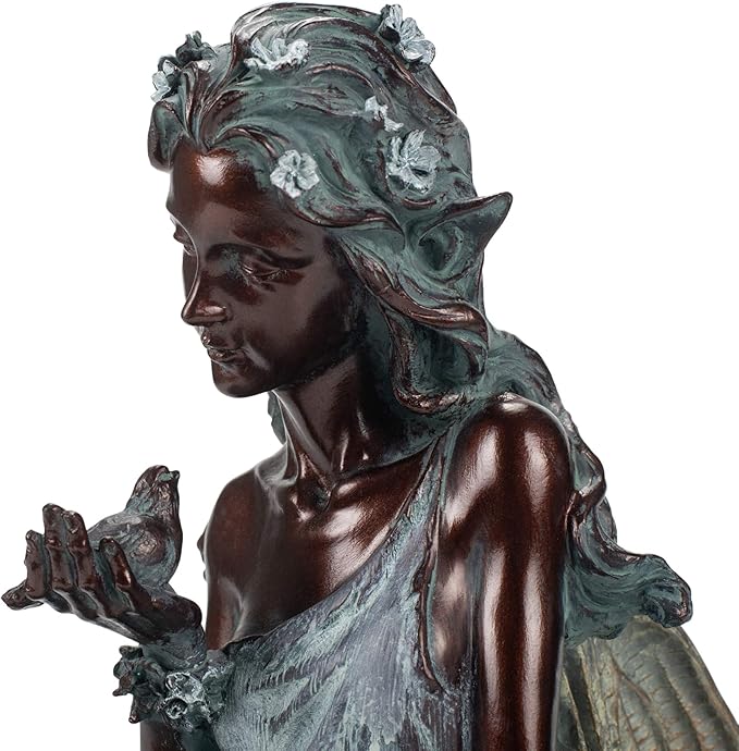 Napco Imports Weathered Bronzetone Sitting Fairy with Bird 12 x 19 Resin Stone Outdoor Garden Statue