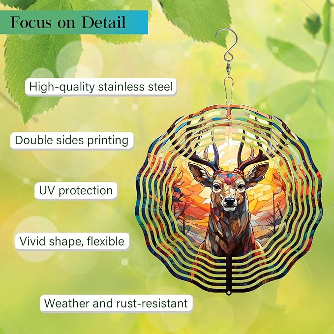 Deer Head Wind Spinner 3D Frosted Deers Head Wind Spinner Hanging for Yard and Garden, Cute Spinners Made of Tough Steel Plate