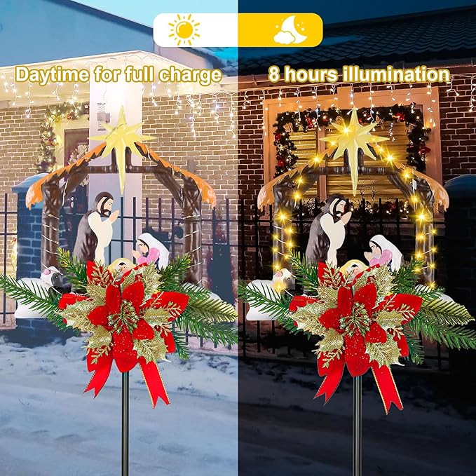 Moukeren 2 Pcs 2 Pcs 3.5ft Nativity Scene Outdoor Yard Stakes, Solar Lighted Outdoor Metal Christmas Nativity Scene Decoration for Christmas Holiday Lawn Garden Yard Decoration (Vivid)