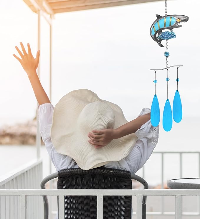 CoTa Global Shark Wind Chime - Handmade Glass and Metal Chime - Ocean Life Hanging Decor - Colorful Home Decor Gift, Indoor and Outdoor Hanging Decoration for Porch, Patio, and Garden - 27 Inches