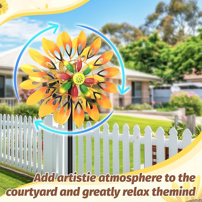 Metal Sunflower Wind Spinner Outdoor, 13" W x 64" H Large Double Windmill Pinwheels with 5 Prong Stake, Kinetic Wind Sculpture for Backyard Garden Patio Lawn Art Decor Yellow