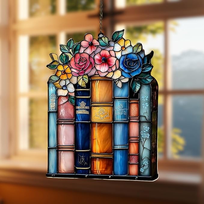 Floral Books Acrylic Suncatcher, Book Suncatchers for Window Hangings, Bookish Gifts for Readers Book Lovers Bookworm, Gift for Mother's Day, Women, Mom, Wife, Grandma